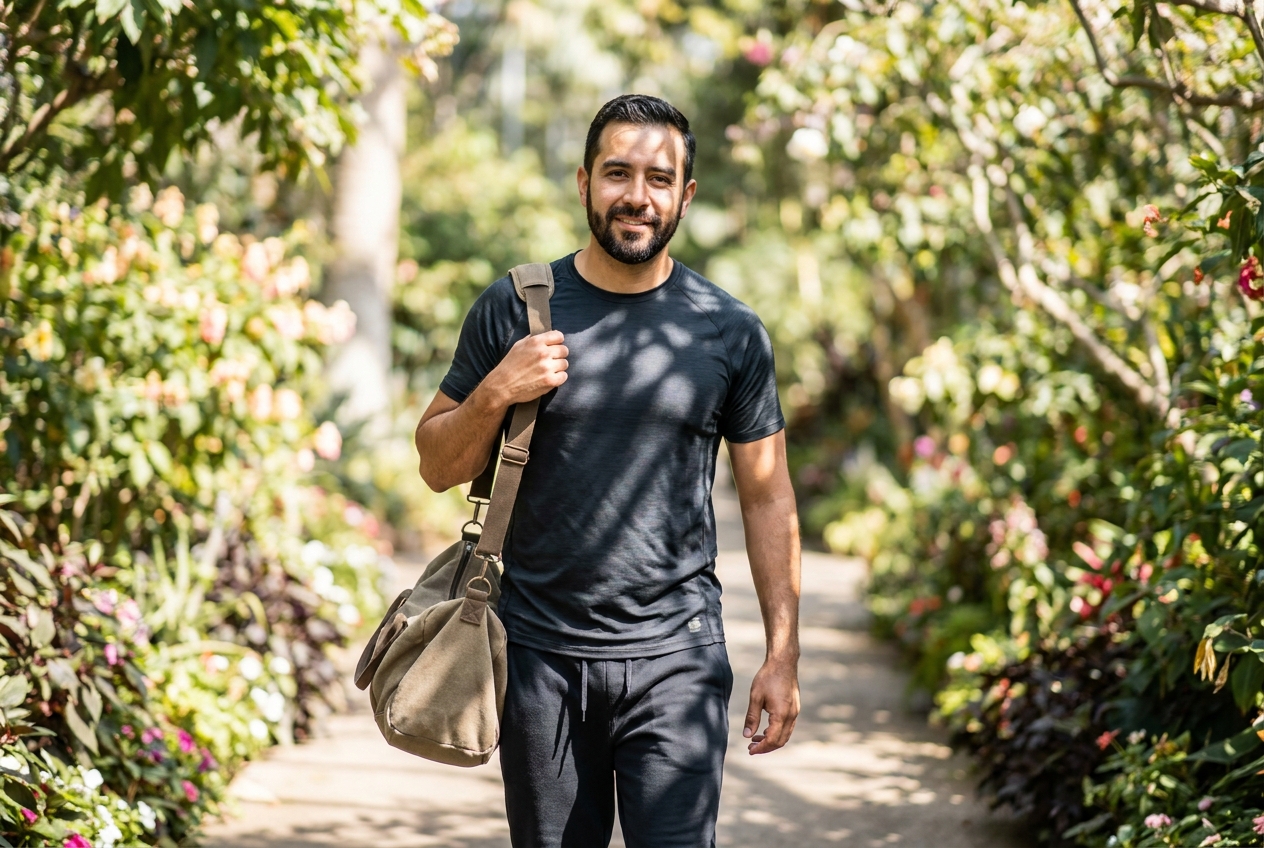 A healthy man in activewear walks through a sunlit botanical garden pathway.