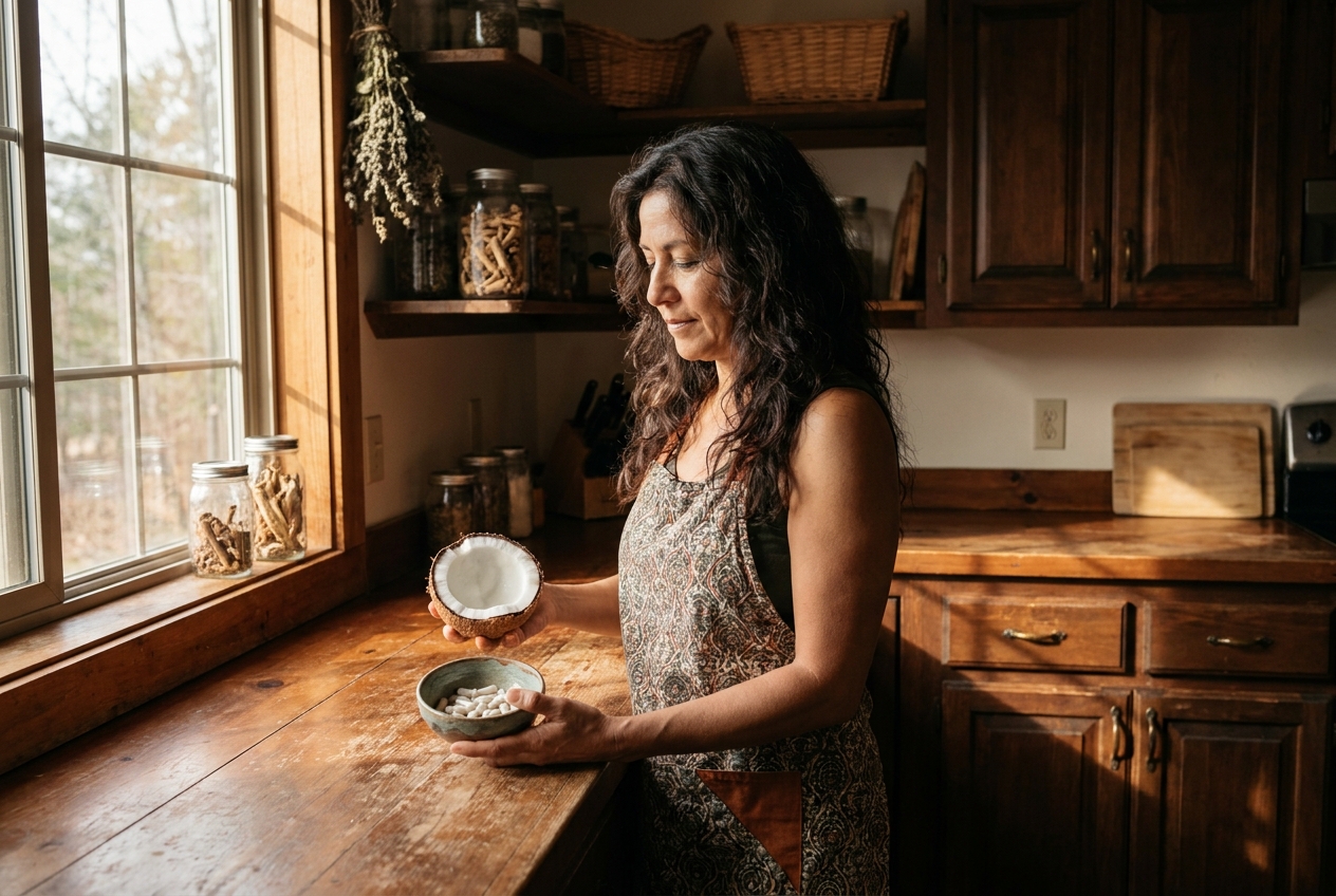 A Hispanic woman holding a halved coconut and a bowl of capsules in a sunny kitchen.
