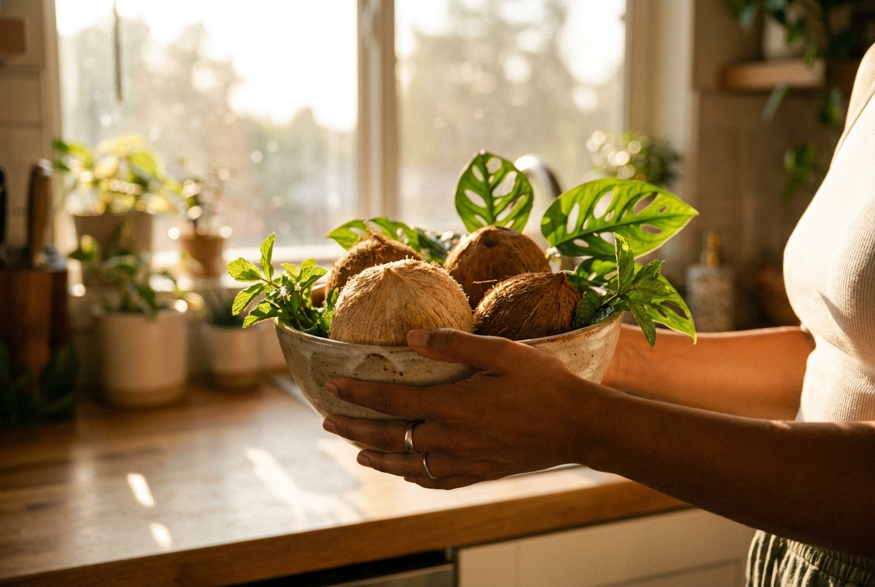 A woman's hands holding a ceramic bowl with coconuts and green leaves.