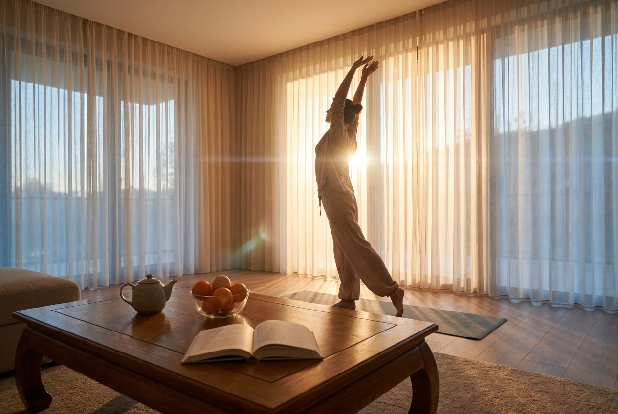 Silhouette of a woman stretching in a sunlit living room at dawn.