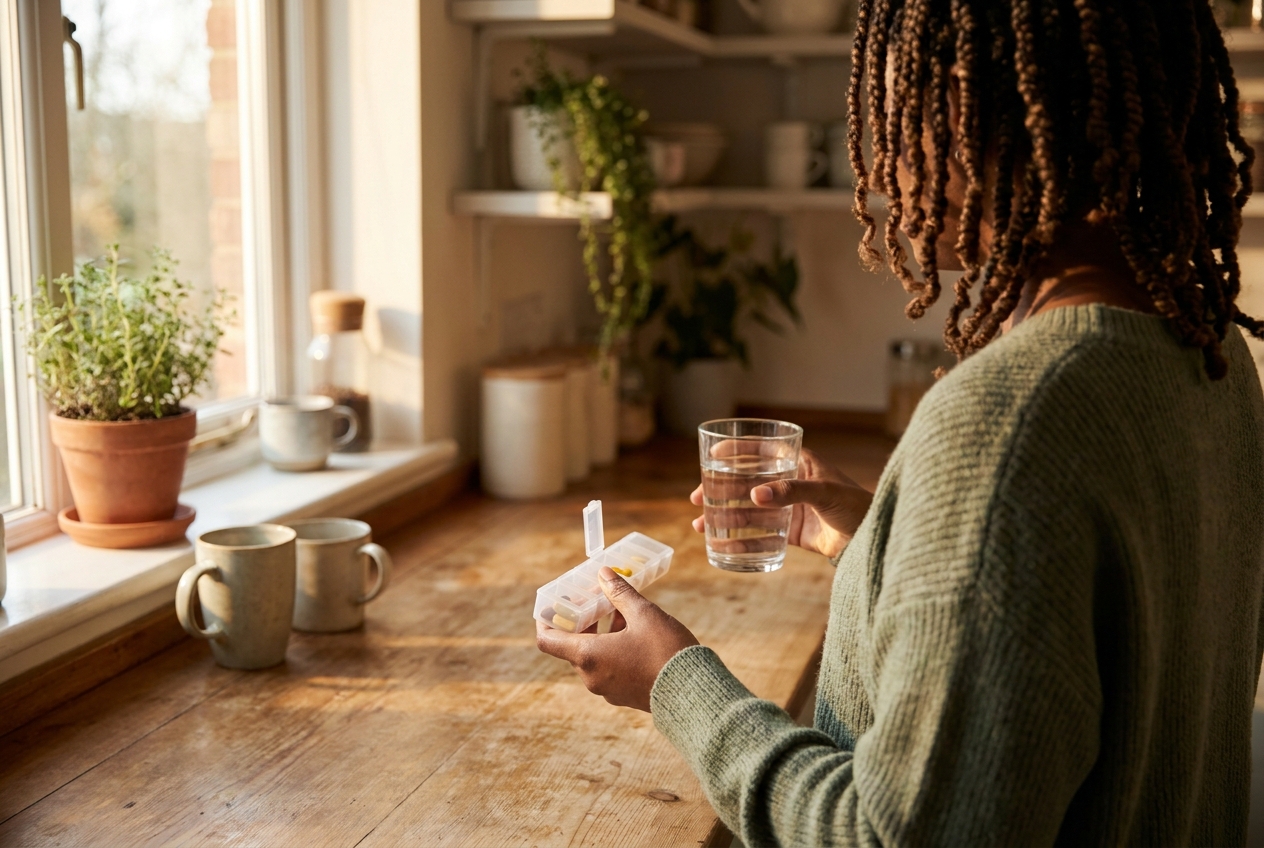 An African American woman holding a glass of water next to a daily pill organizer in a warm kitchen.