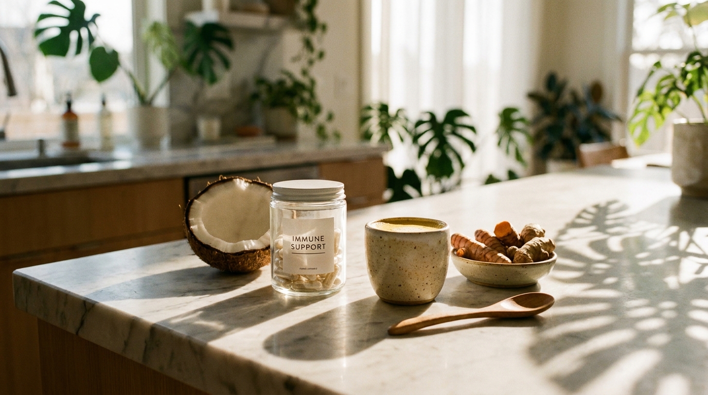 Minimalist wellness setup with a jar of capsules, a halved coconut, and a ceramic cup of milky liquid on a marble counter.