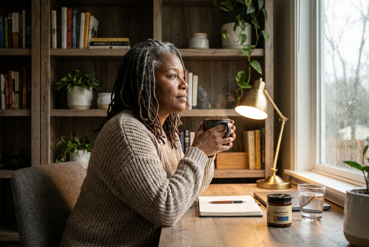 A thoughtful woman with natural locs holding a warm mug of tea while looking out a window.