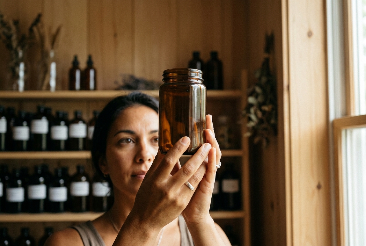 Hands of a woman holding an amber glass supplement bottle up to the light.
