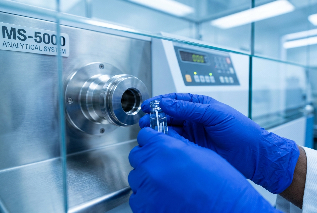 Gloved hands carefully placing a glass vial into scientific testing equipment in a modern laboratory.