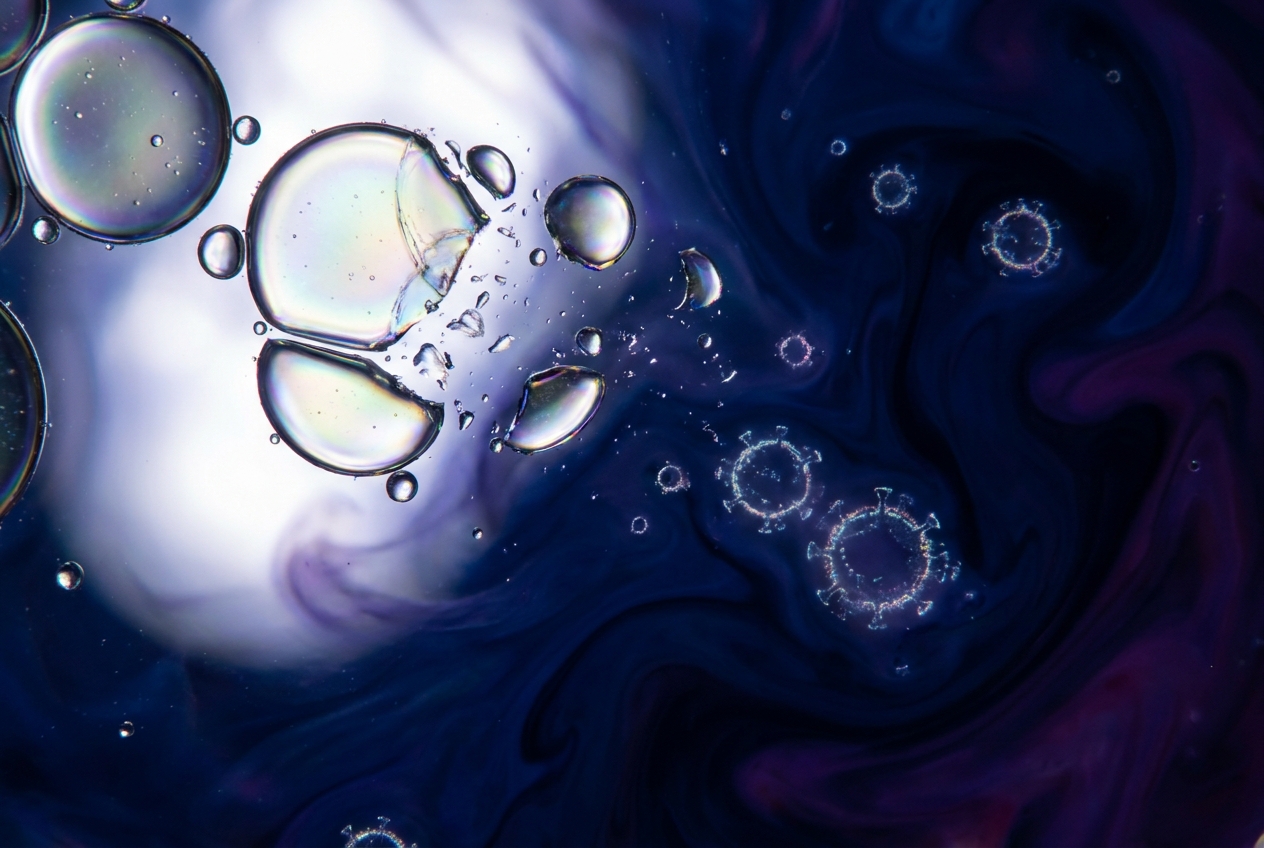 Abstract macro photography of iridescent oil droplets dispersing in dark liquid.
