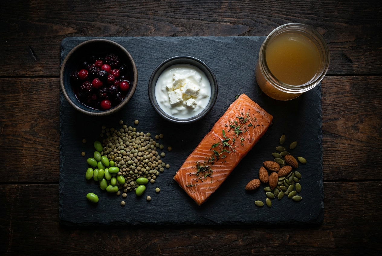 A rustic slate board displaying lysine-rich foods like salmon and legumes
