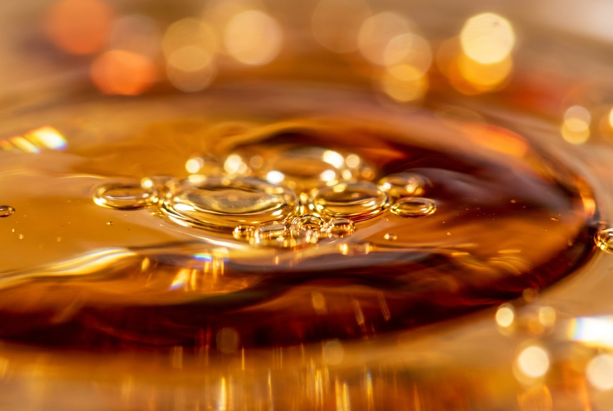 Macro photograph of golden oil droplets floating and merging on a warm amber liquid surface.