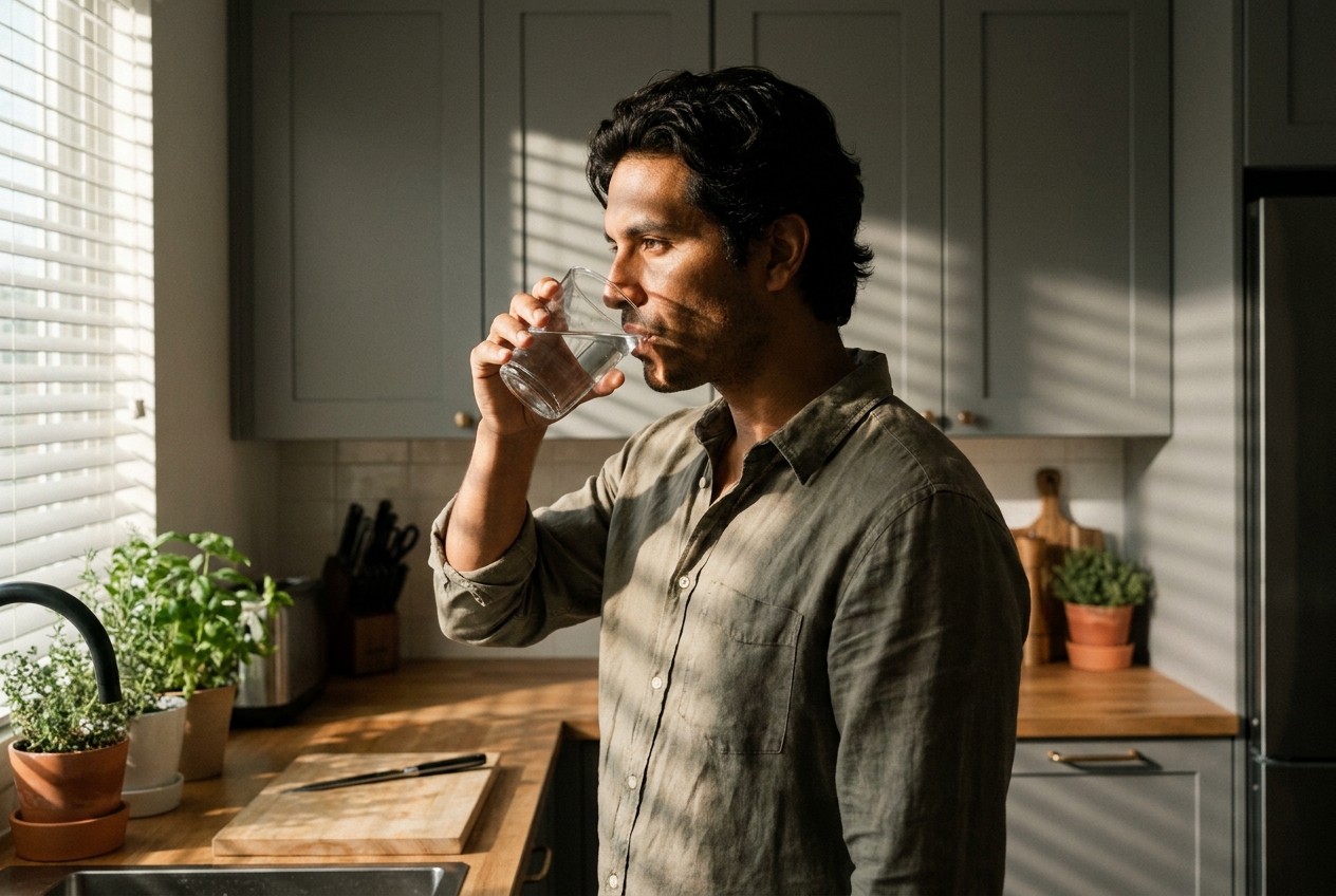 A man drinking water in a sunlit kitchen with shadow play across the wall.