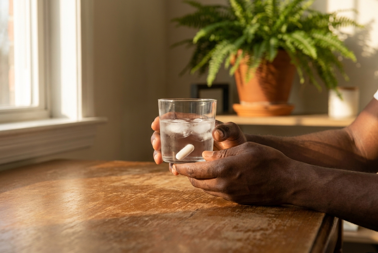 Close up of a man's hands holding a glass of ice water and a single white supplement capsule.