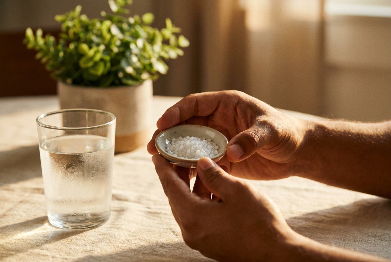 Hands holding a small dish of white monolaurin pellets over a table.