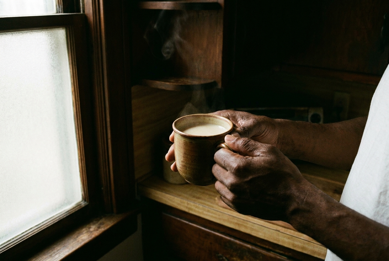 Close-up of an African American man's hands cradling a warm ceramic mug with steam rising in a sunlit kitchen.