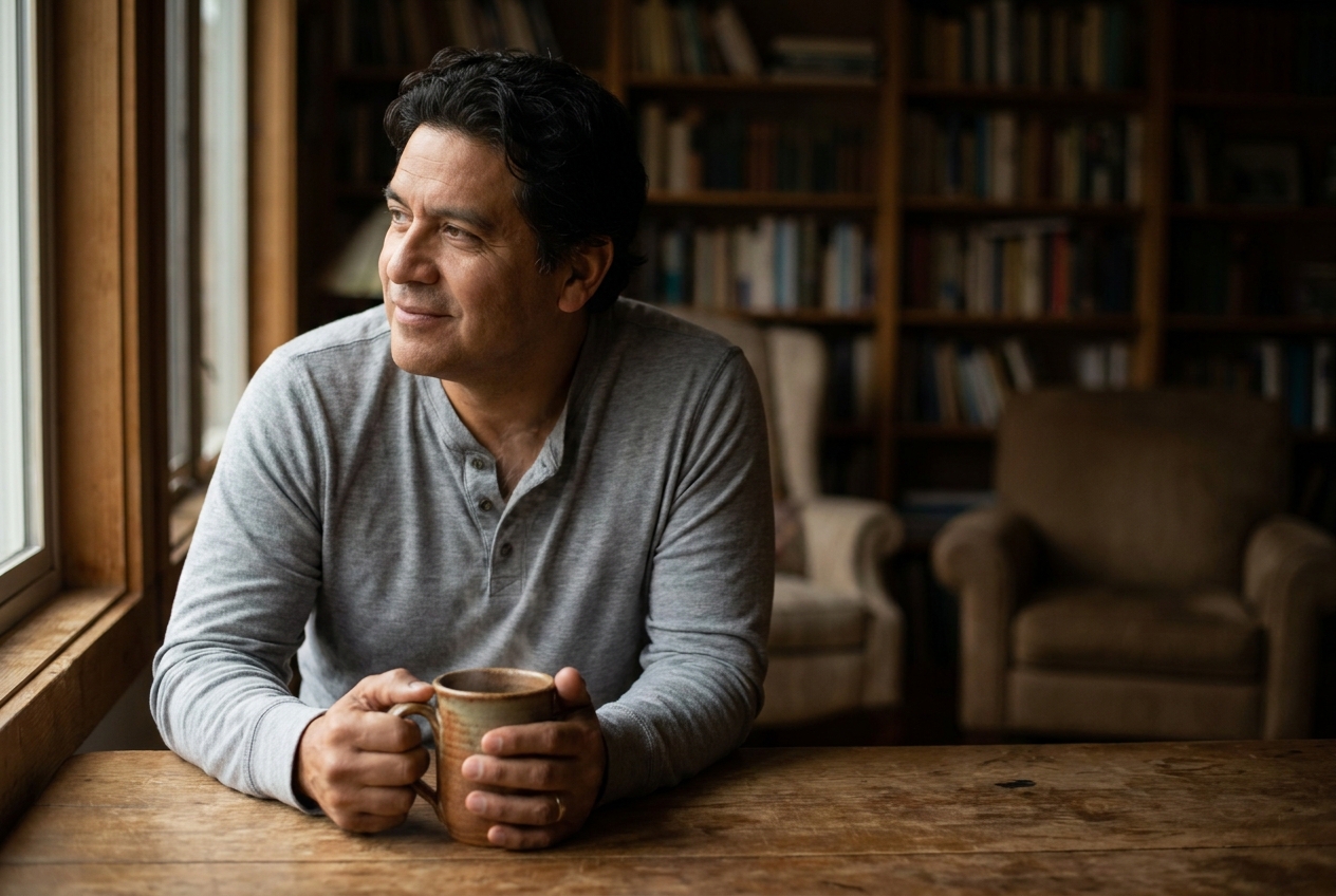 A Latino man holding a warm ceramic mug of tea, sitting at a rustic oak table.
