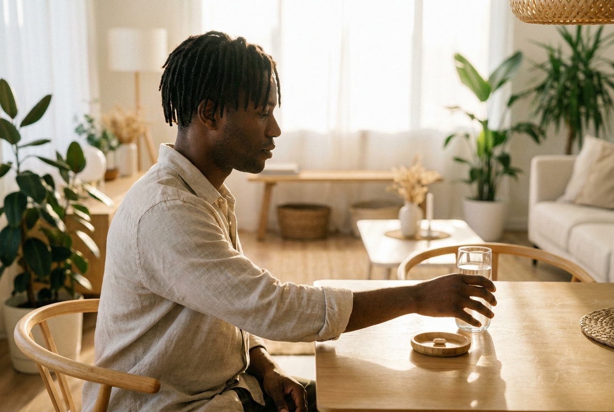 A man sitting at a dining table reaching for a glass of water next to a daily supplement capsule.