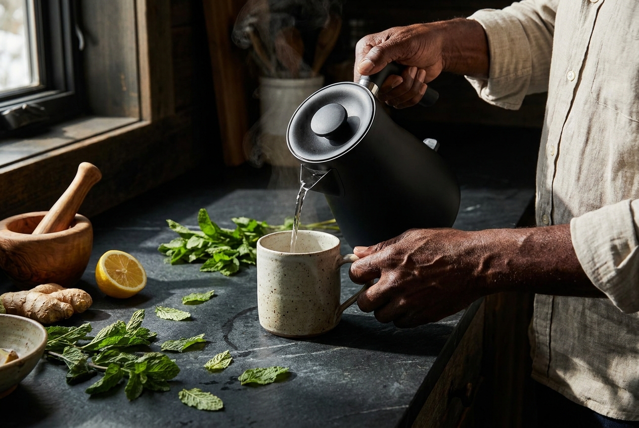 Hands of an older man pouring hot water into a ceramic mug surrounded by fresh mint and lemon.