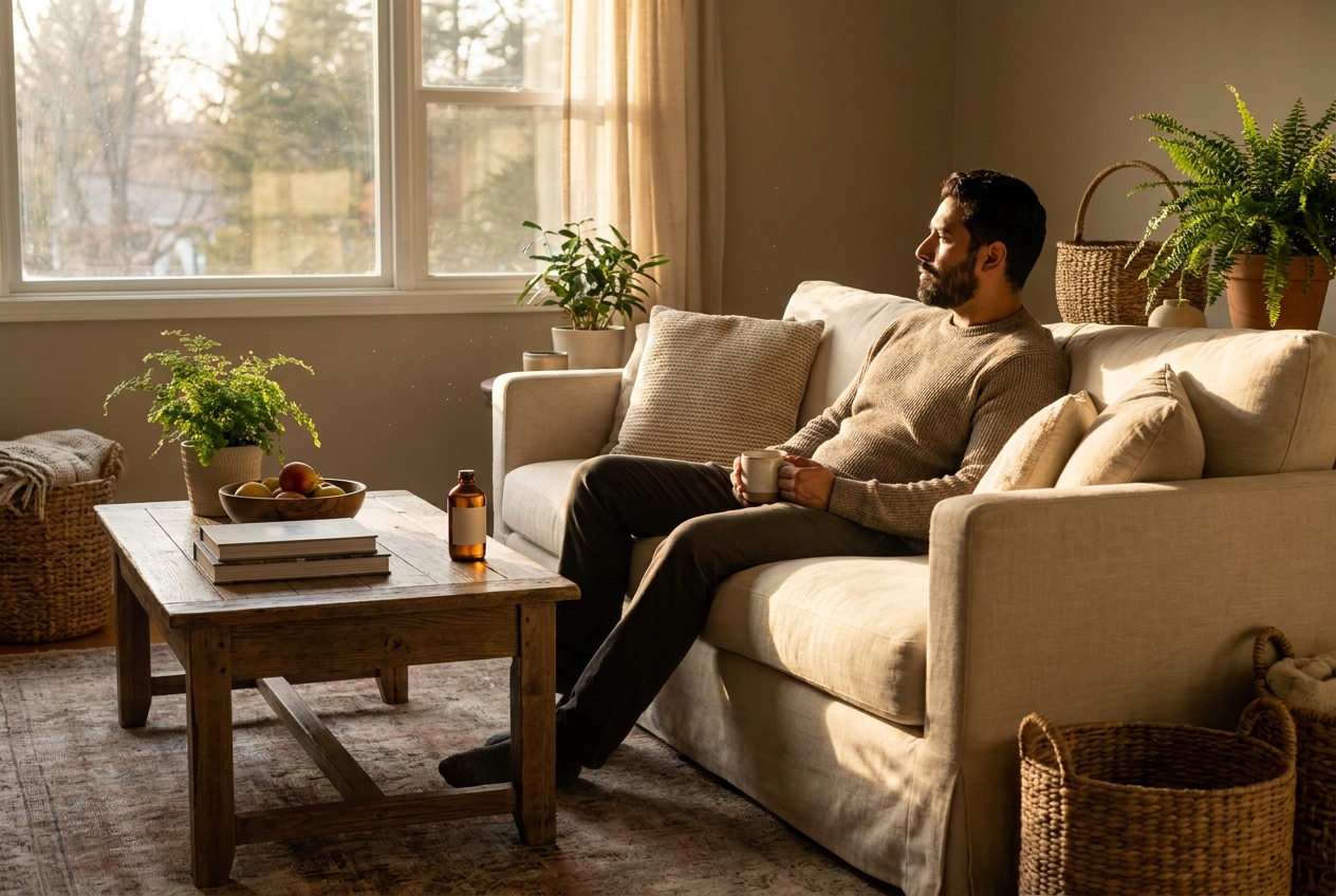 A Latino man relaxing on a linen sofa with a cup of tea, an amber supplement bottle resting on the table nearby.