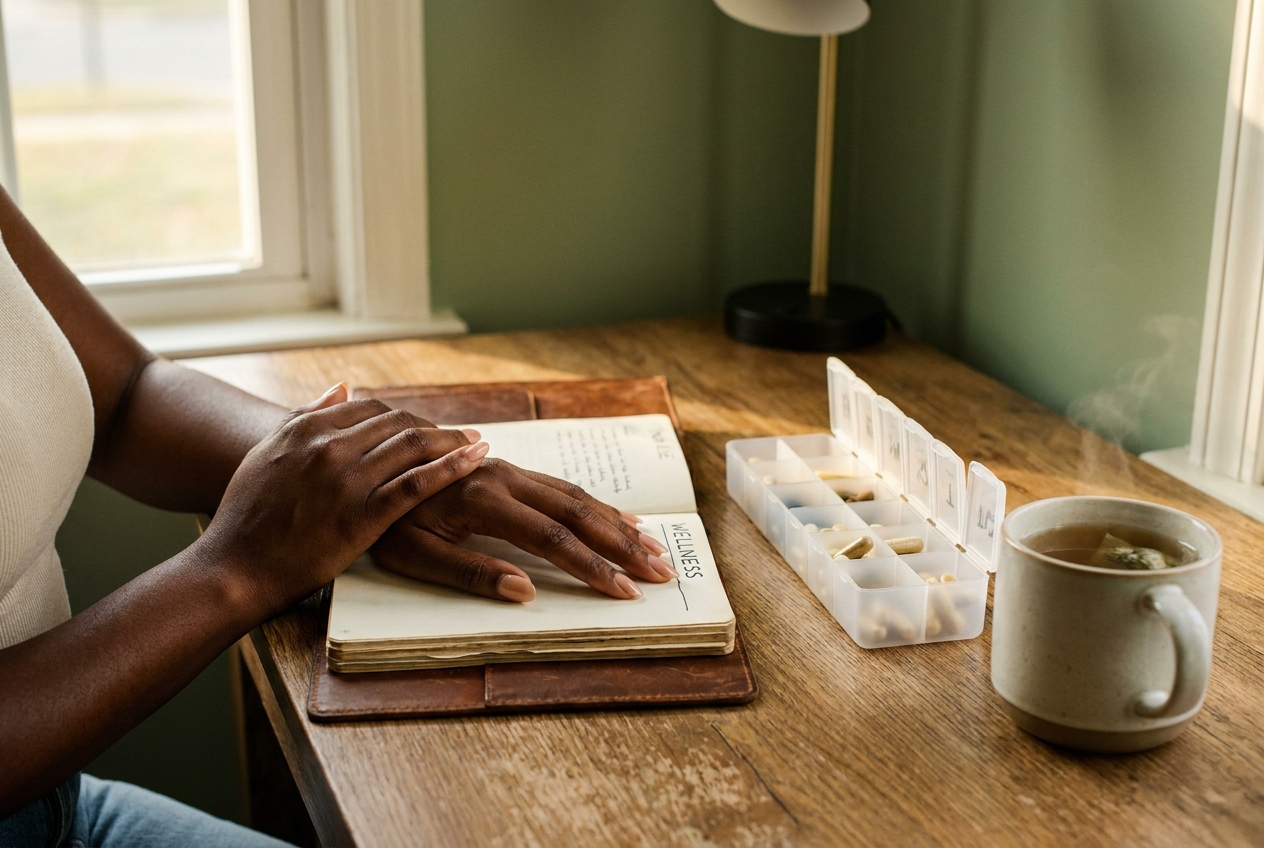 Hands of a Black woman resting on an open journal next to a mug of tea and a pill organizer.