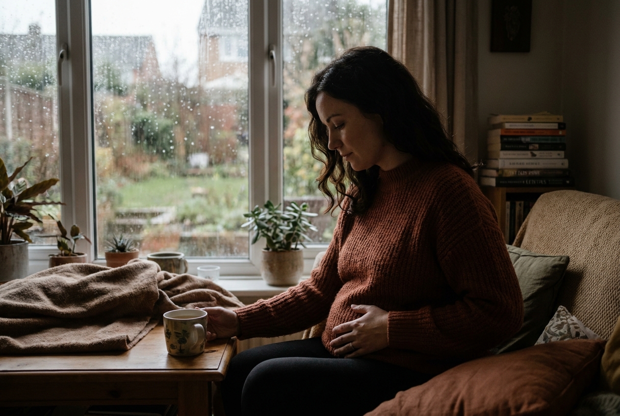 A Latina woman sitting by a rainy window, gently resting her hands on her stomach.