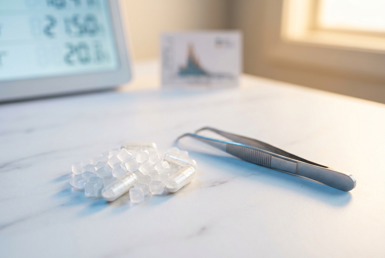 Close up of clear supplement capsules and small crystalline pellets on a marble surface.