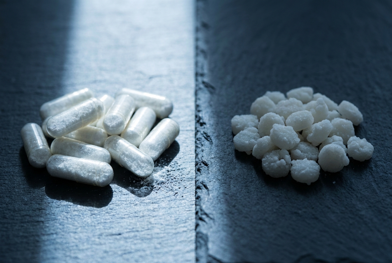 A close-up comparing smooth translucent capsules to dense opaque pellets.