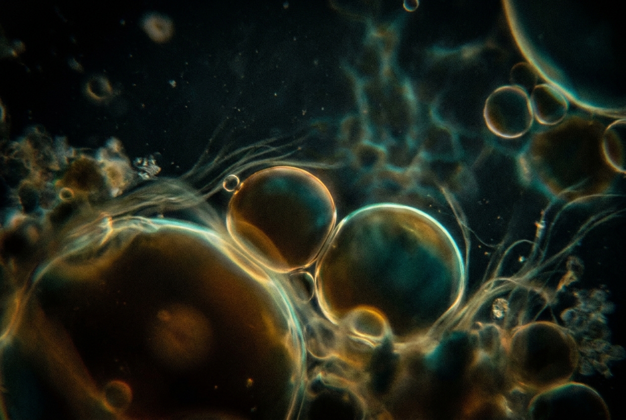 Abstract artistic rendering of glowing microscopic spherical lipid bubbles merging together.