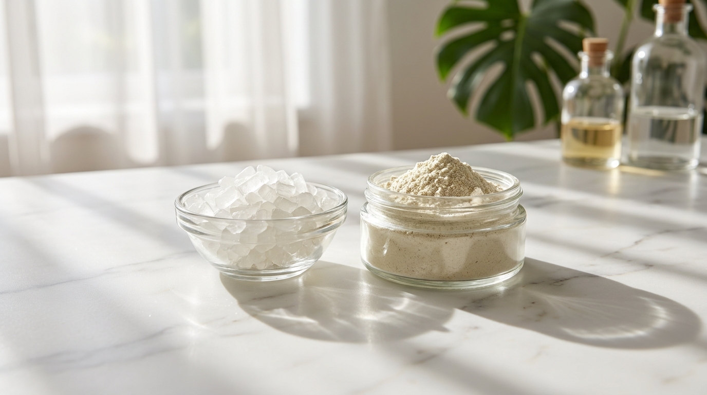 Macro view of translucent wellness pellets and fine white powder on a marble surface.