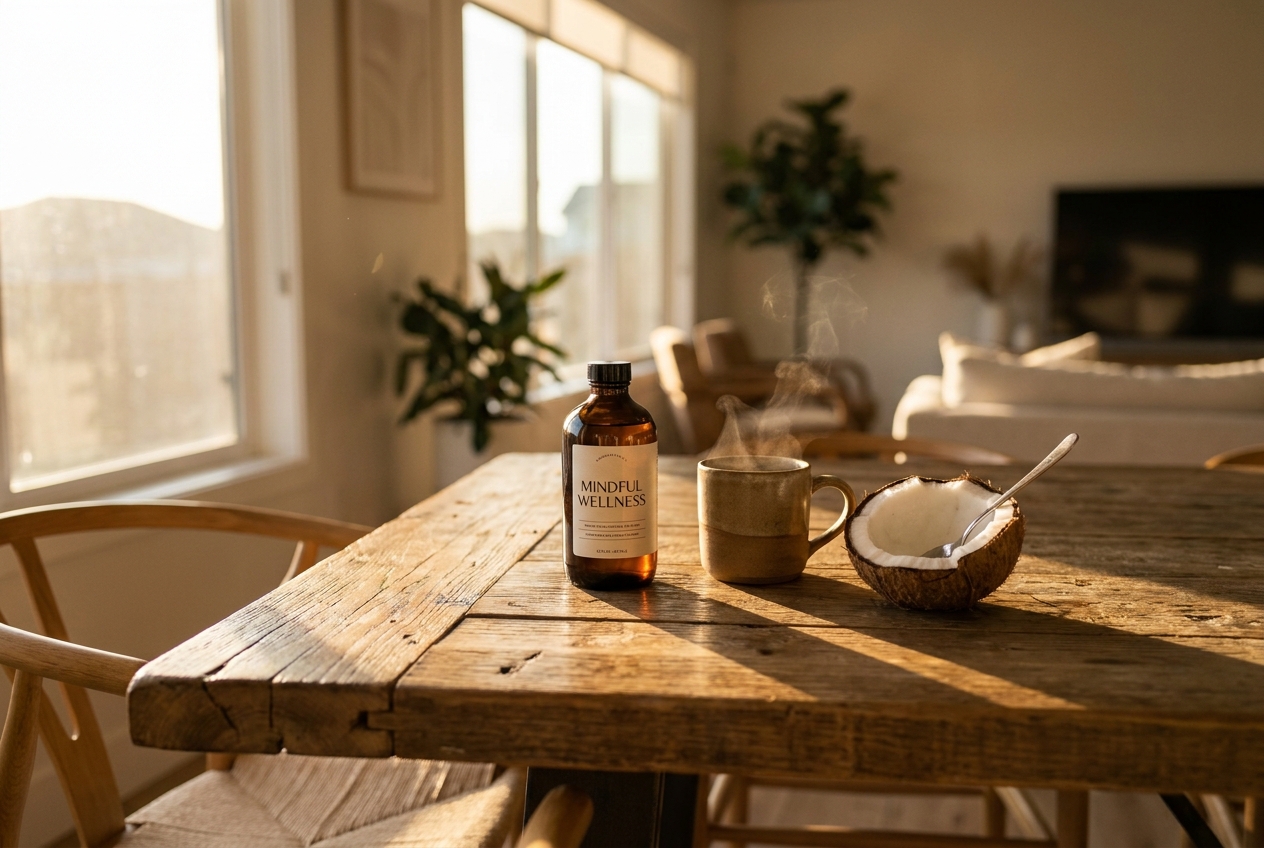 Amber supplement bottle on a wooden table next to a cup of tea and sliced coconut.