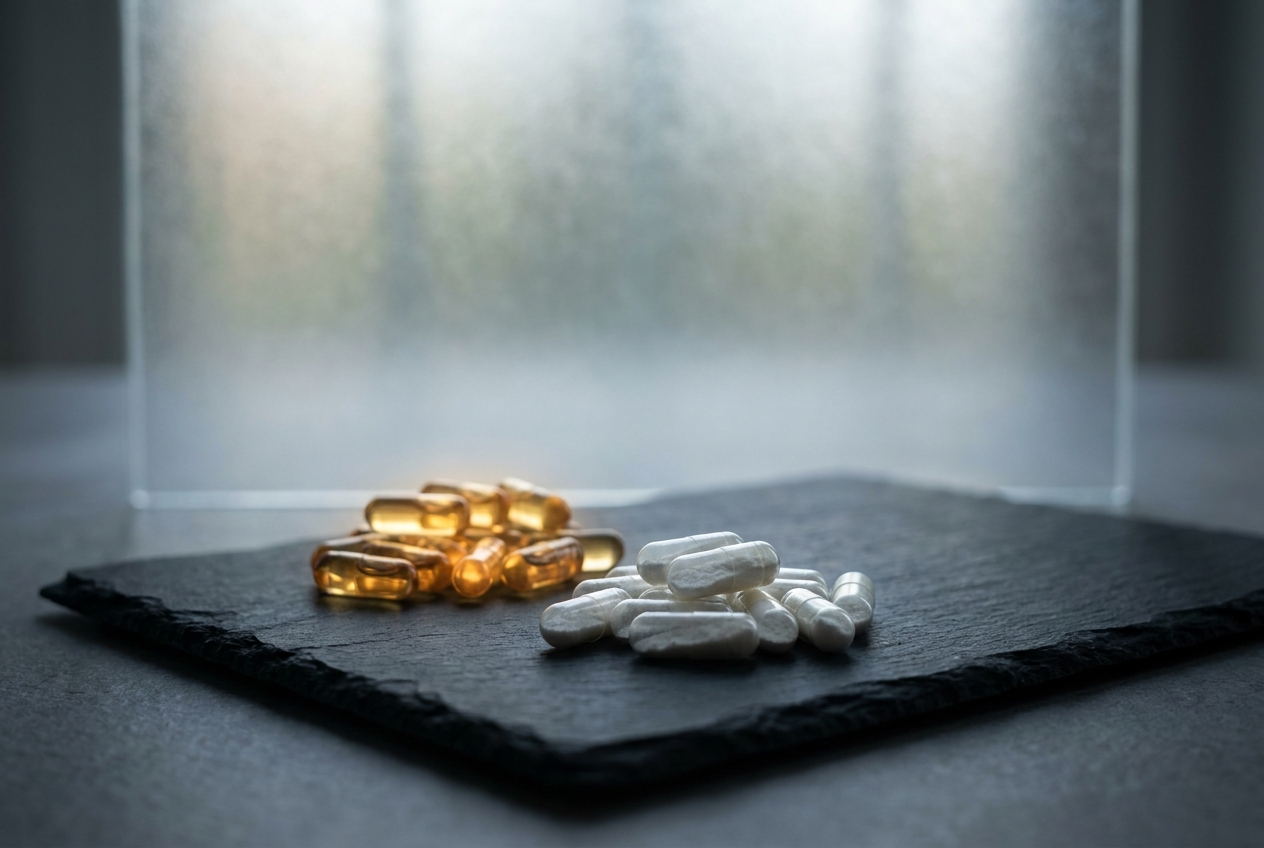 Two distinct piles of supplement capsules on a dark slate surface.