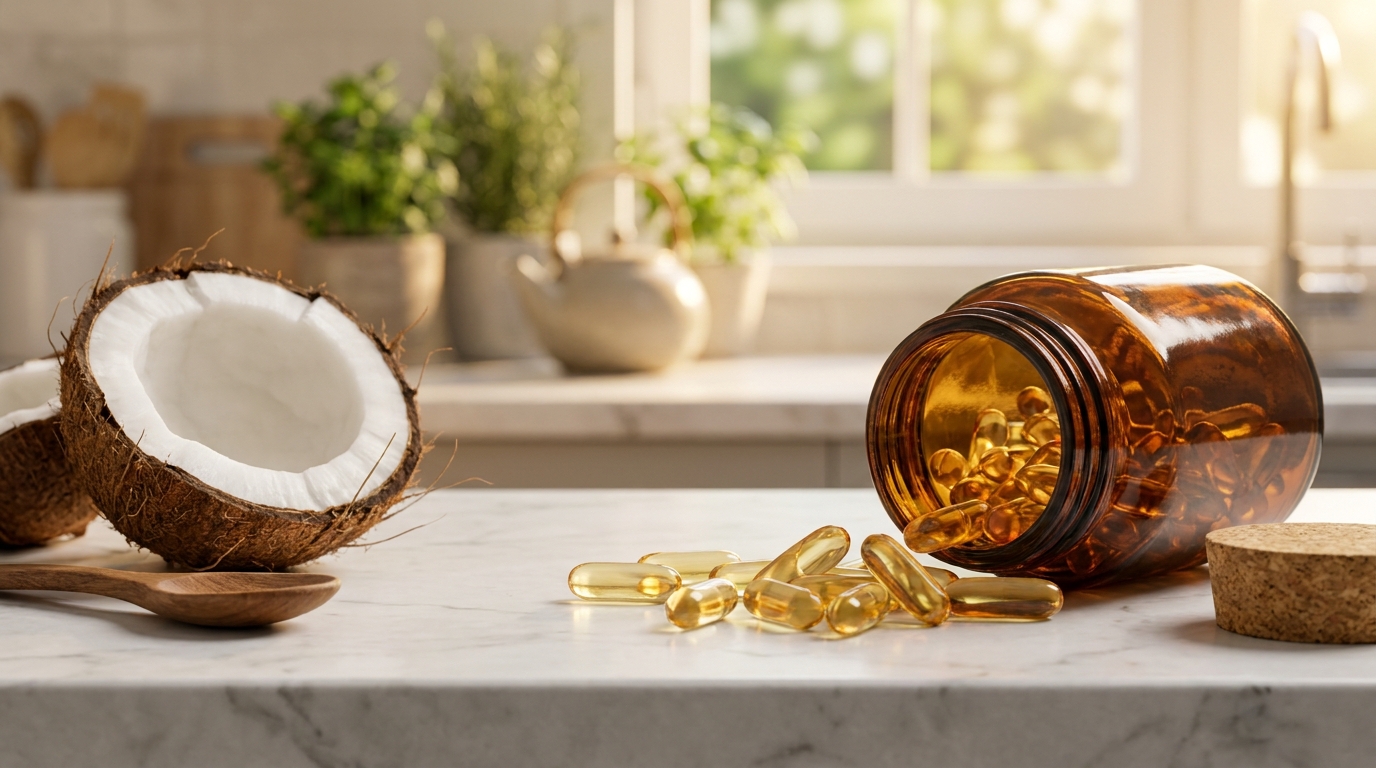 Amber glass jar with clear capsules next to a fresh split coconut on a brightly lit marble counter.
