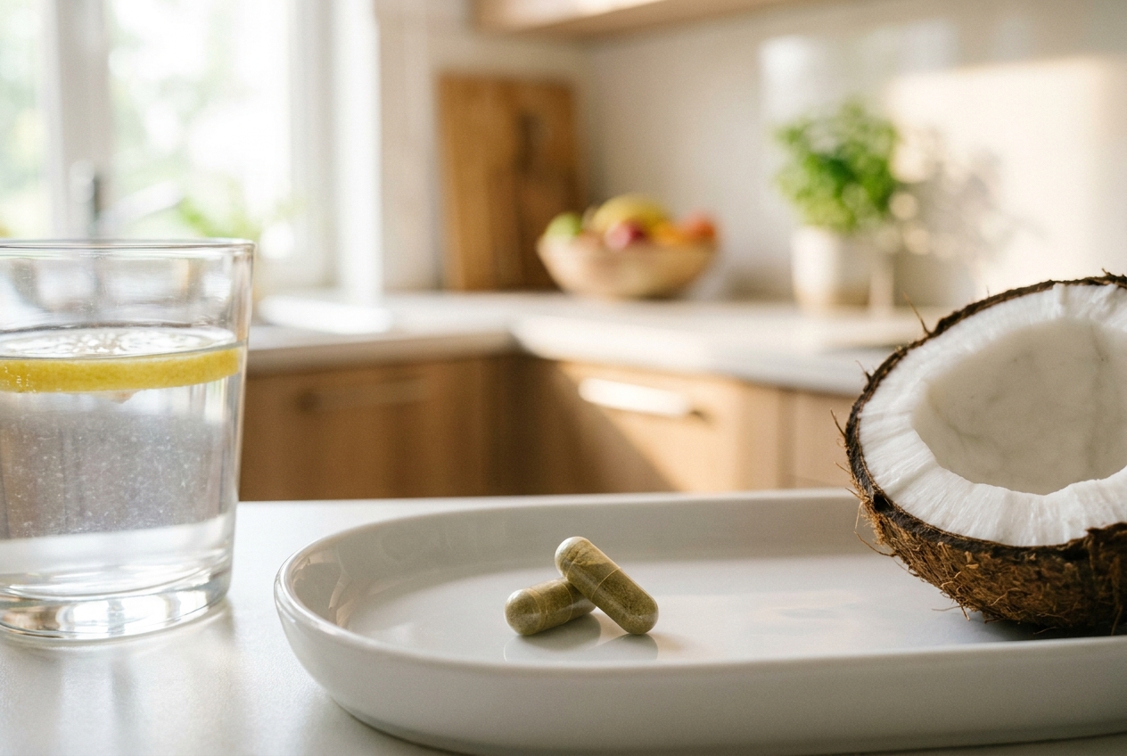 Glass of water next to plant-based supplement capsules and a halved coconut on a counter.