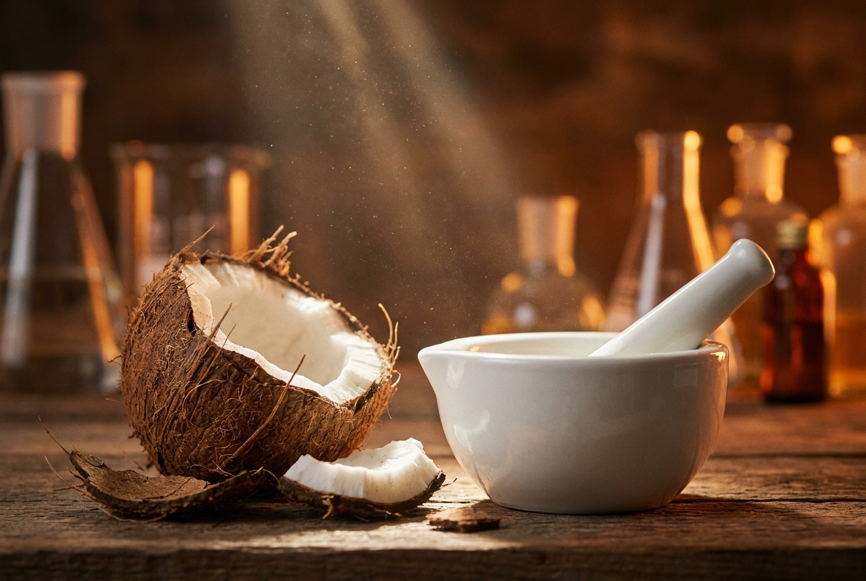 A split abstract view showing a cracked coconut shell next to a white medical mortar and pestle.