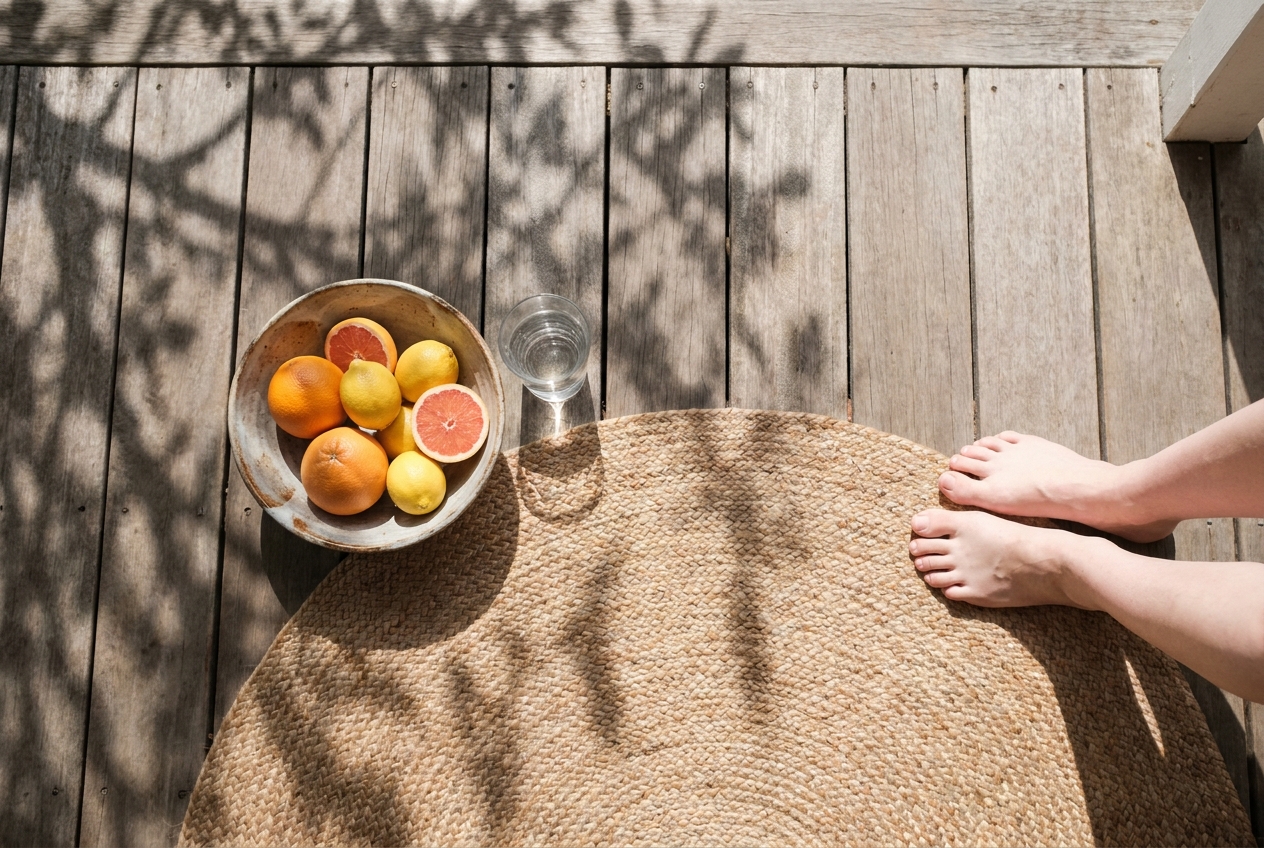 Bare feet resting on a woven rug beside a bowl of fresh citrus and a glass of water.
