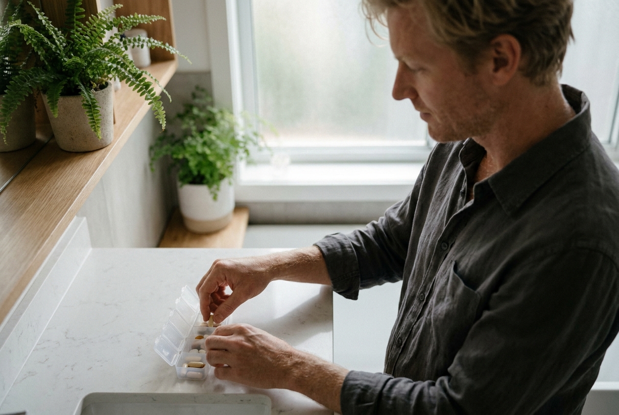 Man in a grey linen shirt standing in a modern bathroom, organizing his daily supplements.