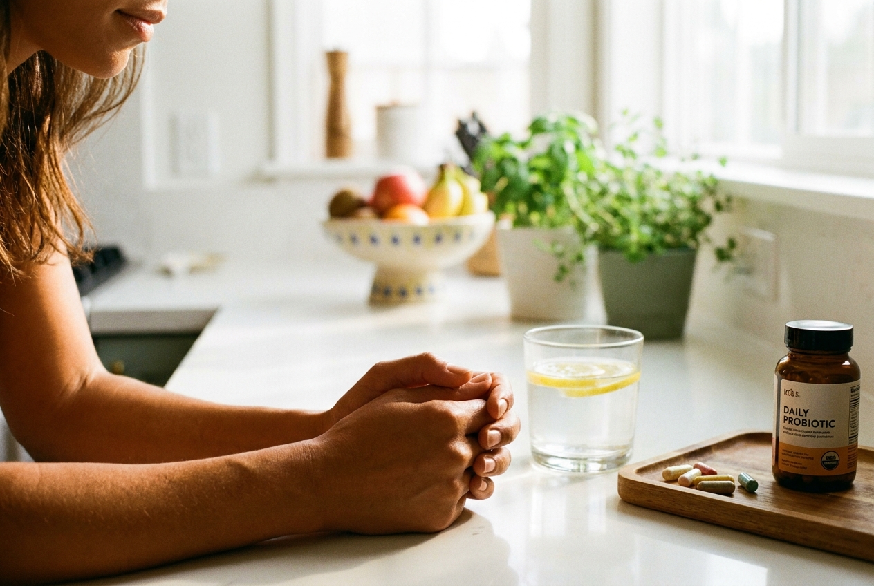 Supplement capsules in a ceramic dish next to lemon water in morning sunlight