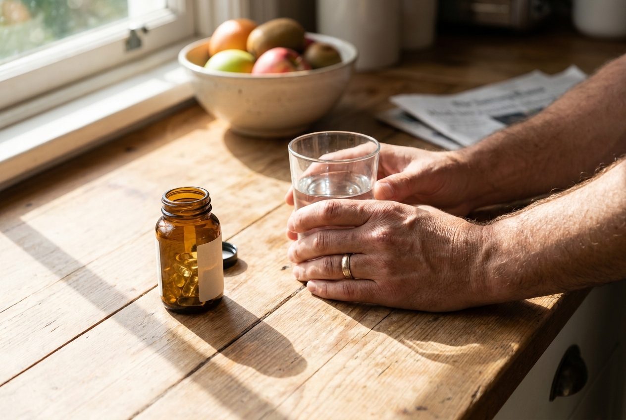 Close-up of a person's hands holding a glass of water next to a bottle of plant-based wellness capsules on a wooden table.