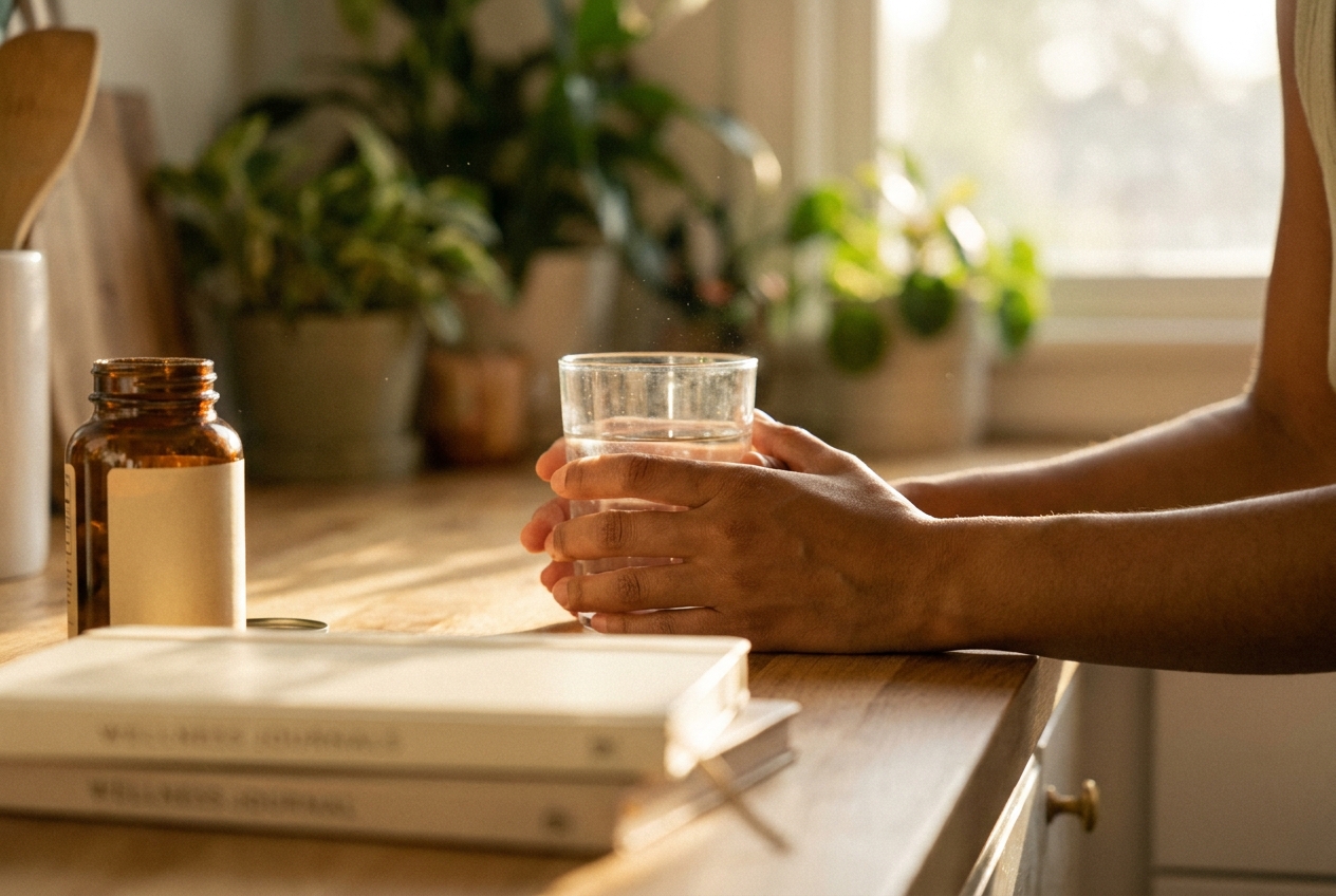Close-up of hands holding a glass of water next to an amber supplement bottle and journals on a kitchen counter.