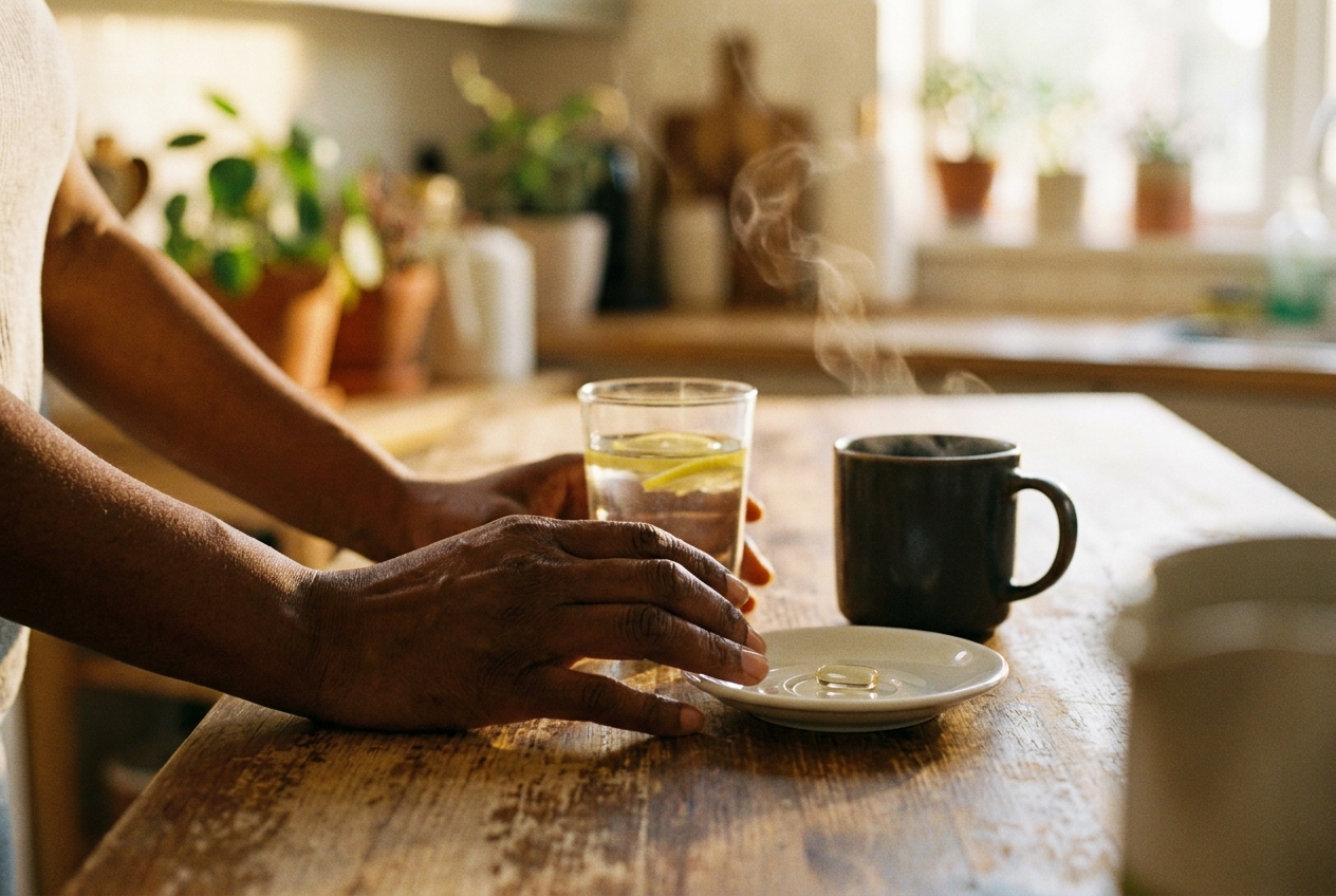 Close-up of a person's hands near a glass of water and a supplement capsule on a wooden kitchen counter.