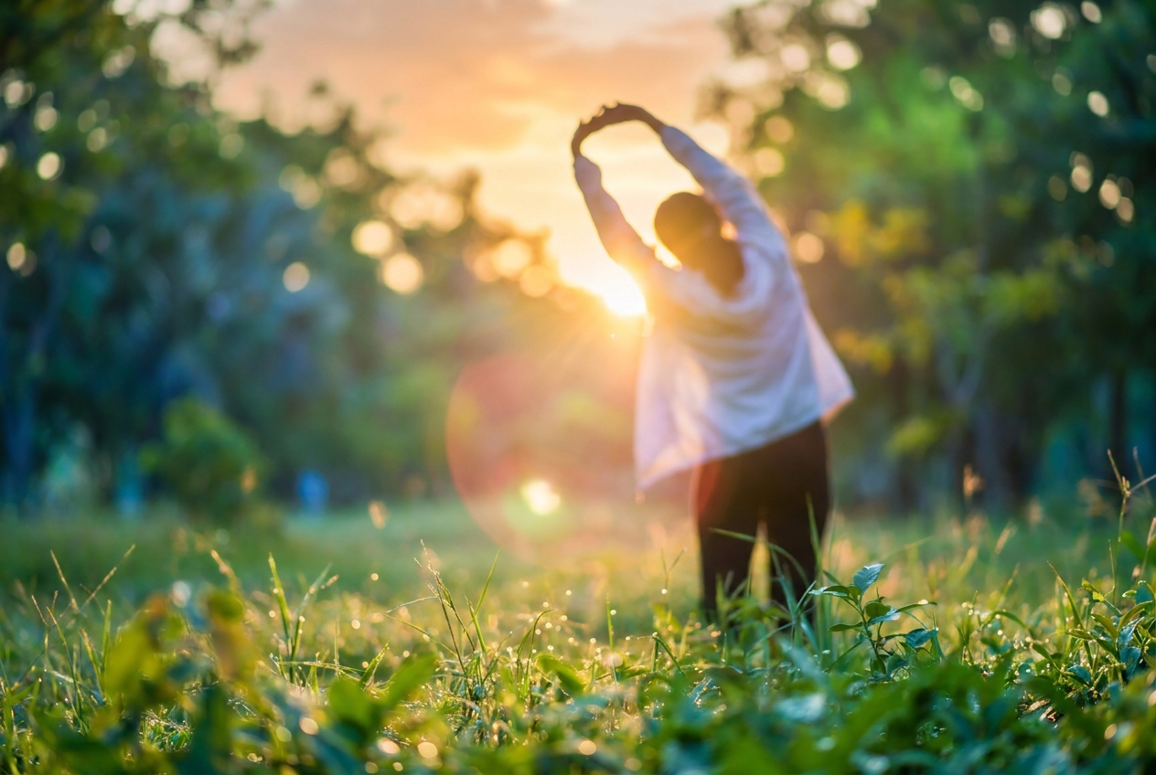 Silhouette of a person stretching outdoors in a lush green park at sunrise.
