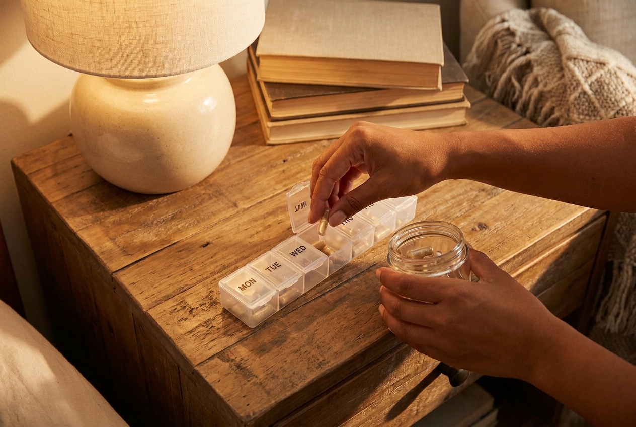 Hands sorting clear capsules into a daily pill organizer on a bedside table.