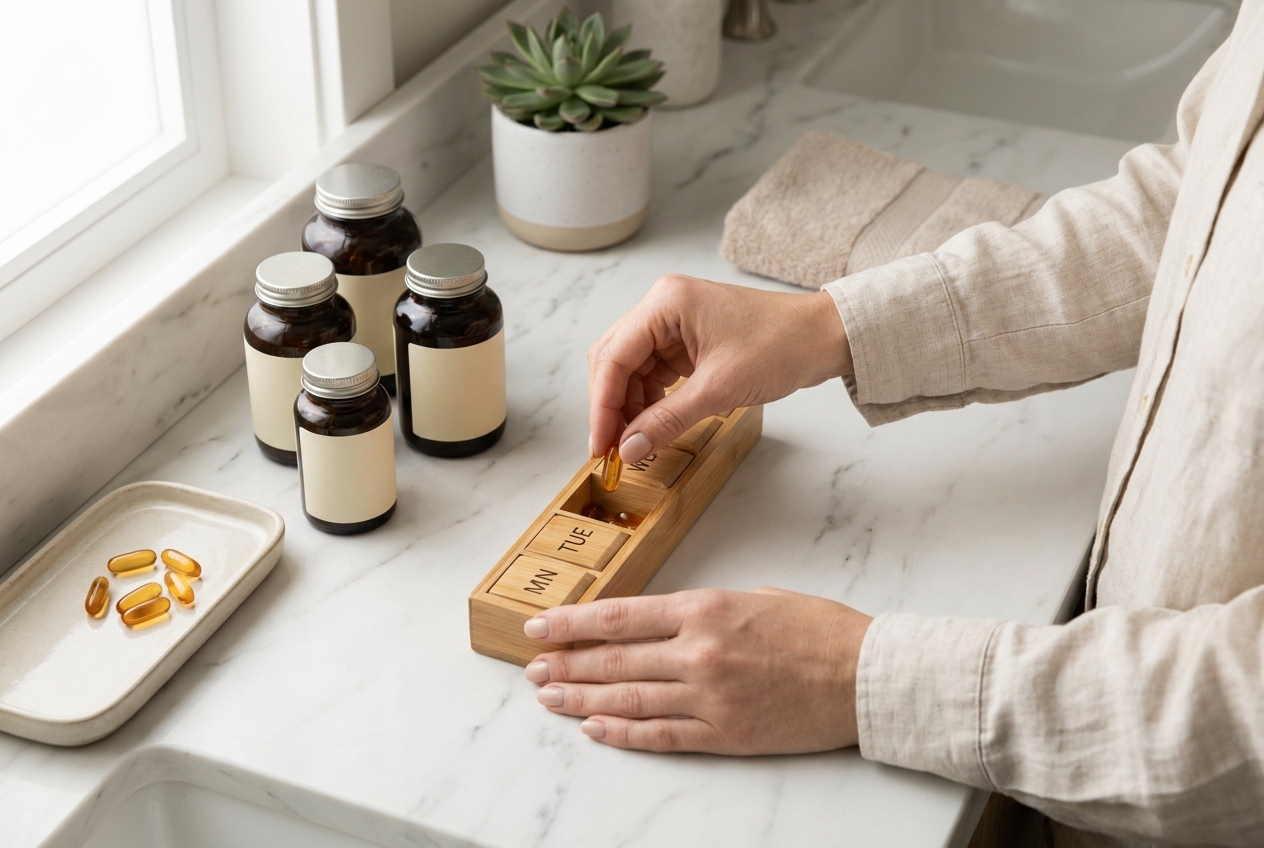 Hands organizing various supplement capsules into a daily pill container on a marble counter.