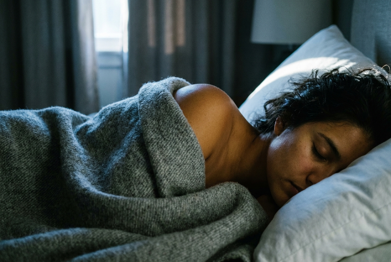 A close-up of a person resting their head on a pillow, wrapped tightly in a thick wool blanket.