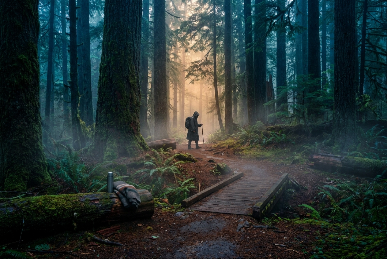 A silhouetted person walking down a misty forest path surrounded by tall pine trees.