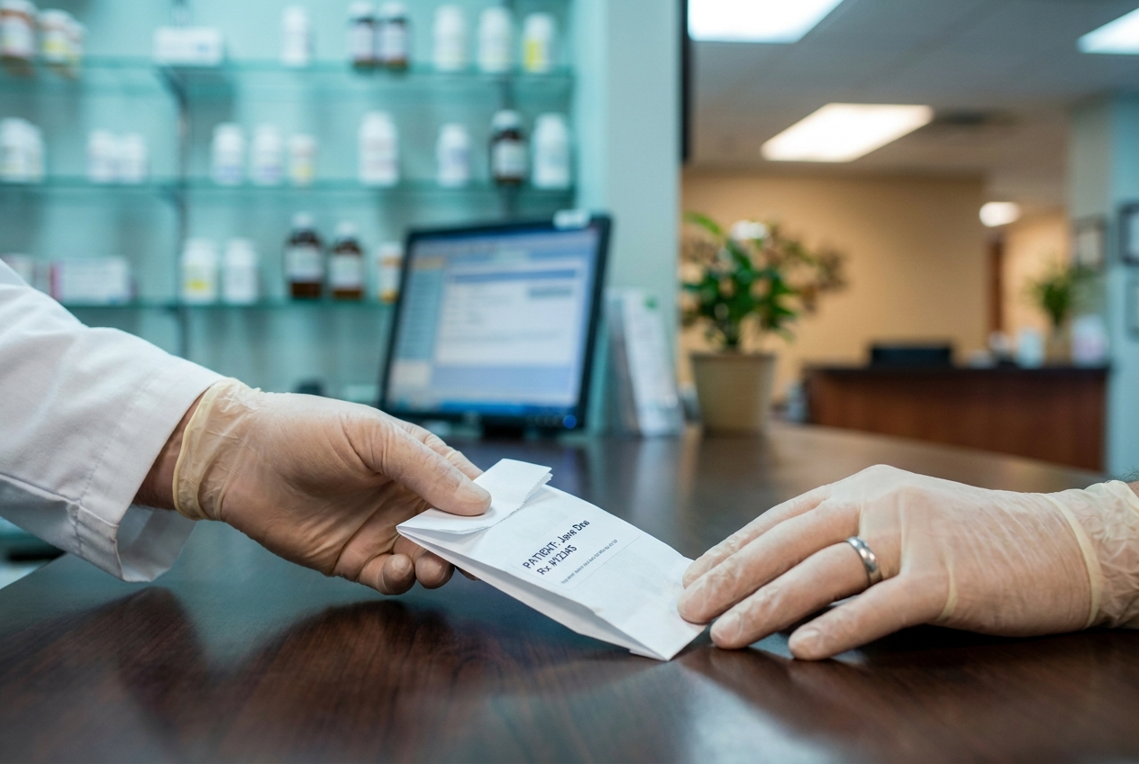 Close-up of a pharmacist's hands passing a white prescription paper bag across a counter.