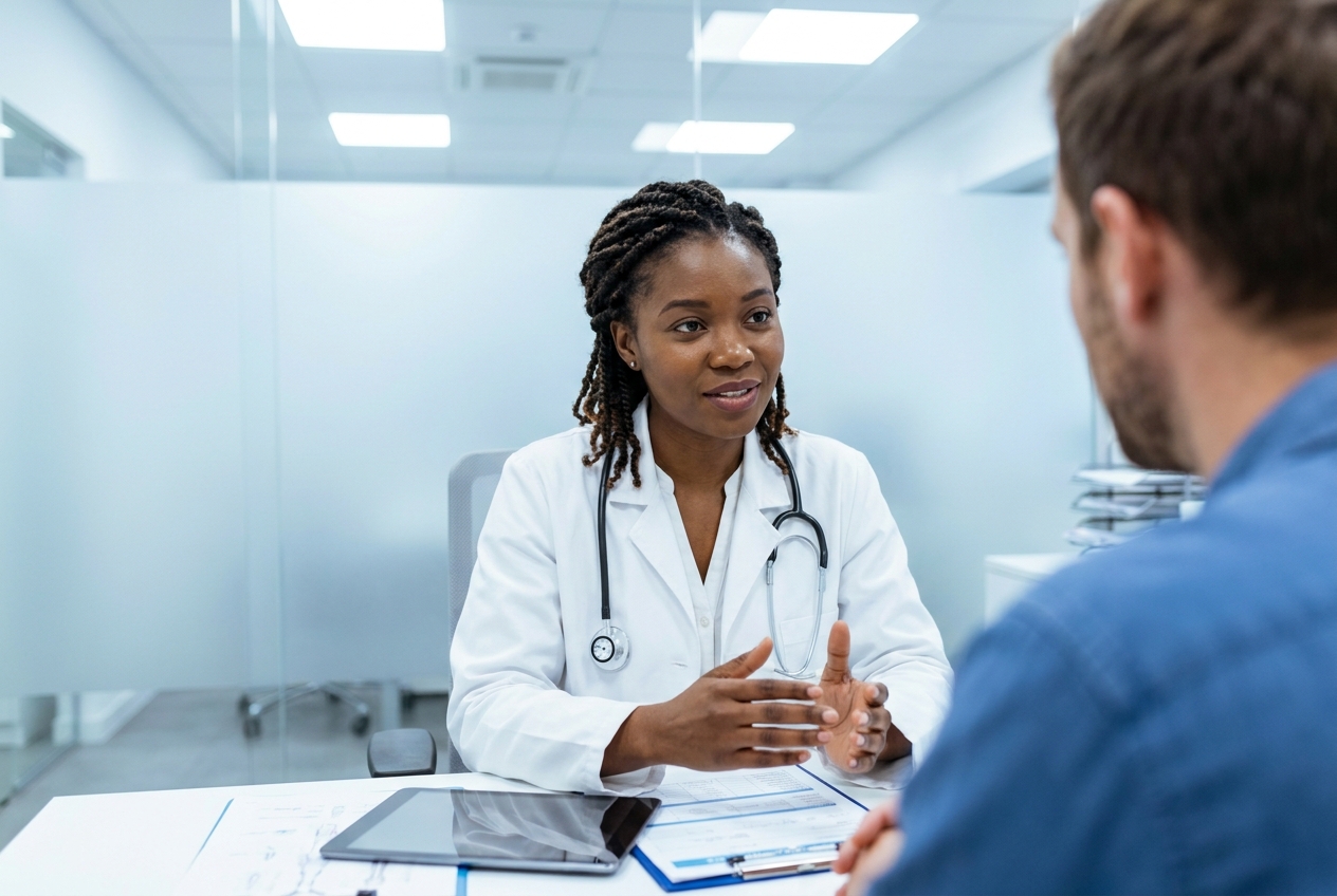 A calm female physician in a white lab coat explaining a medical treatment plan to an attentive male patient.