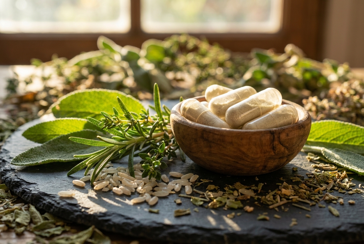 Clear capsules in a wooden bowl next to fresh herbs and rice grains.