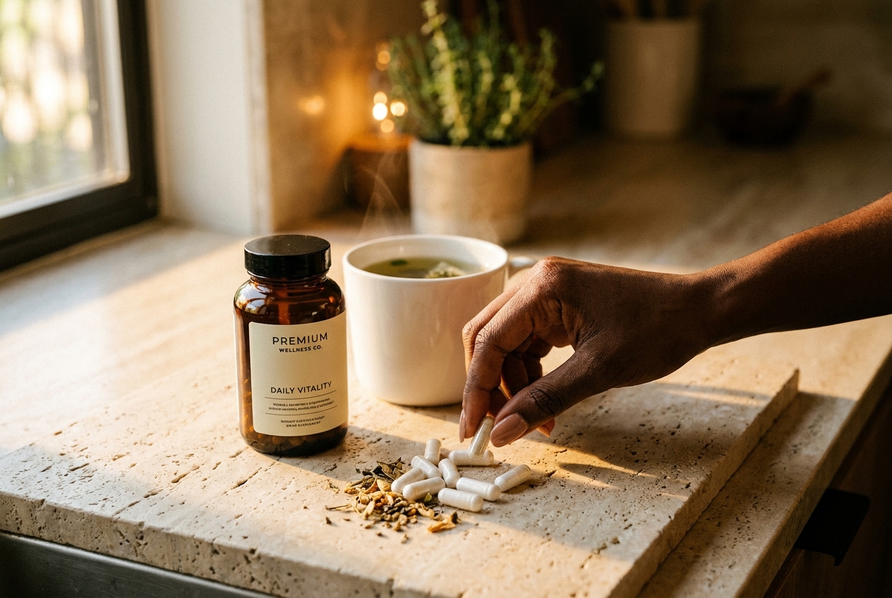 An amber supplement bottle and white capsules on a kitchen counter next to a mug of tea.