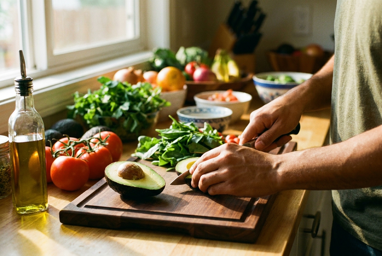 Hands slicing a ripe avocado on a walnut cutting board surrounded by fresh vegetables.