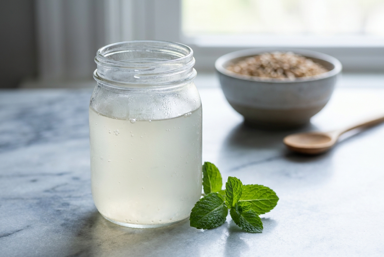 A frosted glass of bubbling probiotic drink with fresh mint leaves on a marble counter.