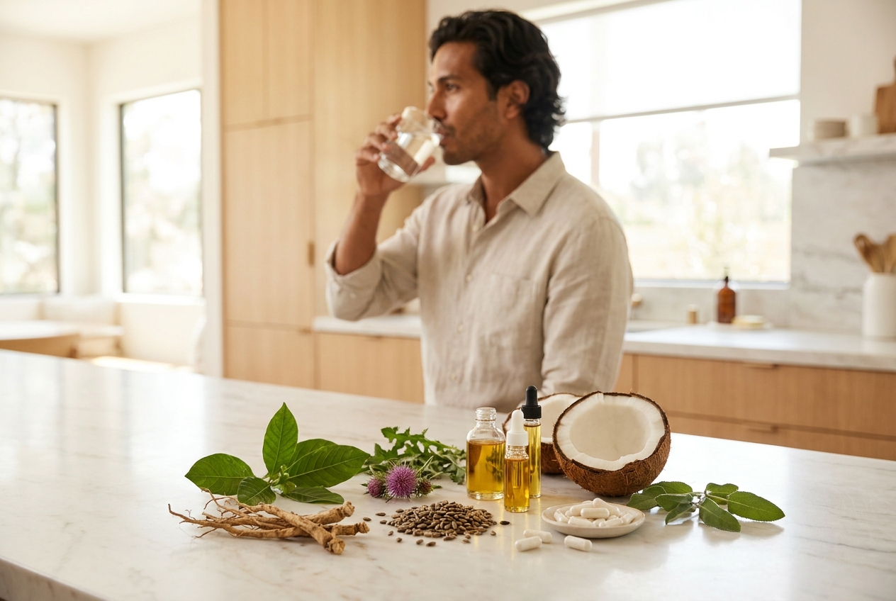 Man drinking water in the background with pure botanical ingredients and capsules in focus.