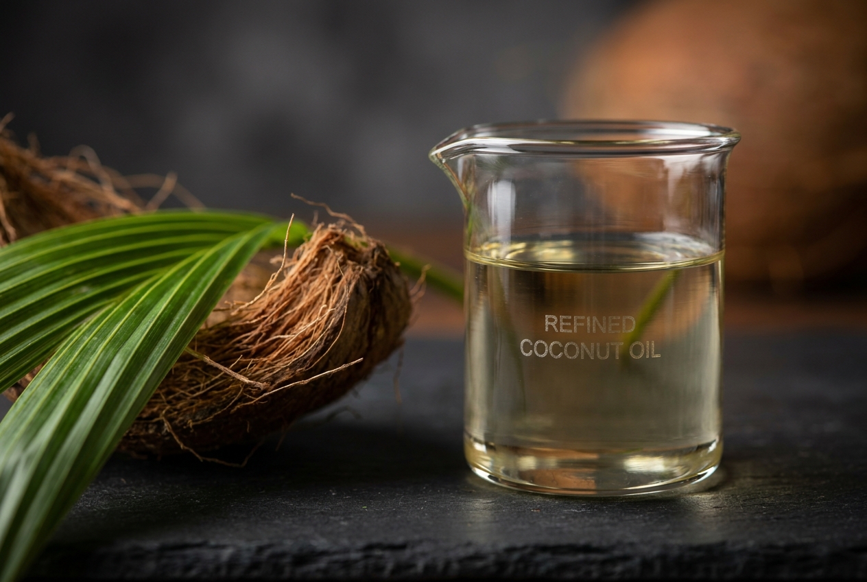 Glass beaker of coconut oil resting on a dark slate counter next to green tropical leaves.